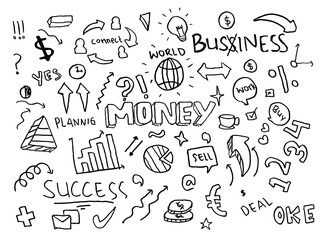 doodle art business money hand drawn vector simple. with flowchart, statistic and element component business.	
