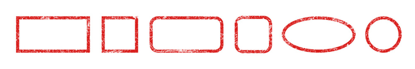 Set red frames of rubber stamp icons, grunge scratching post stamp templates isolated - vector