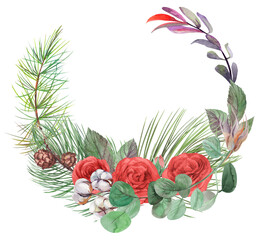 Fototapeta na wymiar Christmas round frame for greeting cards painted in watercolor with red roses and cones on fir branches isolated on white background