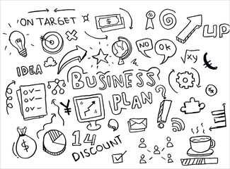 doodle art business plan hand drawn vector simple. with flowchart, dollar, statistic and element component business.	
