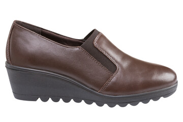 Brown leather women's shoes, wedge sole with protector, on a white background, isolate
