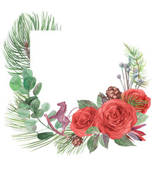 square Christmas frame for the design of cards and gift wrapping with red roses in the snow and fir branches isolated on a white background