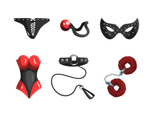 BDSM Erotic Toys with Leather Collar, Mask, Corset and Bracelet Vector Set