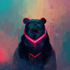 Cyberpunk bear on a colorful gradient background. Items of clothing and accessories glow with pink neon light. On the head is a blue mesh and a neon glow.