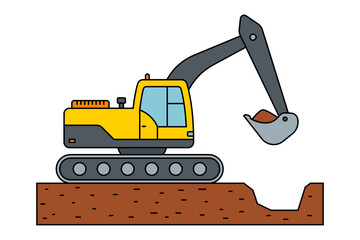 excavator with bucket digs a hole for construction work. flat vector illustration.