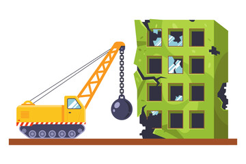 special equipment demolishes an old dilapidated building. house destruction. flat vector illustration.