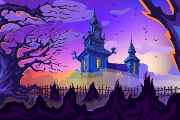 Wall murals Violet Halloween fantasy landscape with old haunted castle and graveyard in the foreground. Template for placards, banners, flyers and party invitations. Vector creative art illustration. 