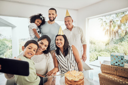 Big family and birthday party selfie on smartphone for happy bonding photograph memory in Mexico. Love, support and care of grandparents enjoying special celebration with children and relatives.