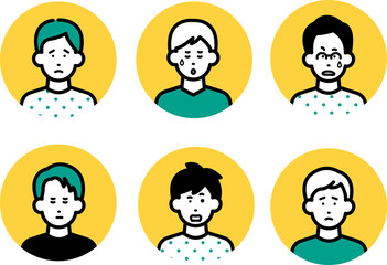ネガティブな表情の男性のイラストアイコンセット