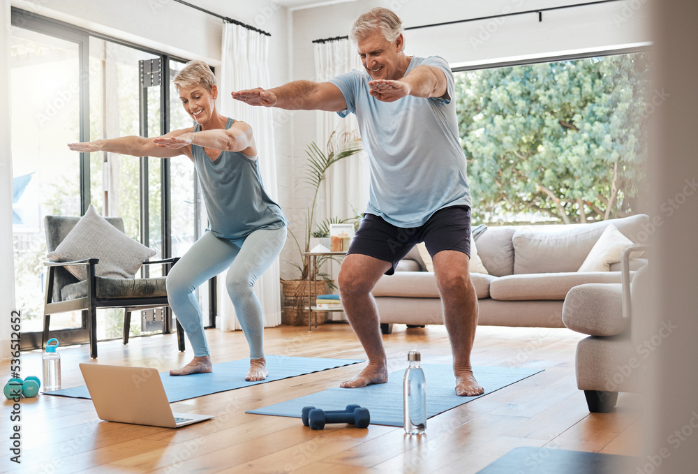 Poster Yoga, online class and senior couple in living room, workout, zen and fitness in retirement for man and woman with laptop. Stretching, balance and old people exercise at home streaming pilates video.