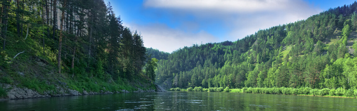 Geography, potamology. Middle Siberia (south part). Panorama of powerful rivers and taiga forests, summer, Typical coniform hill oreography (bald peak). - absence of people and virginal natural area