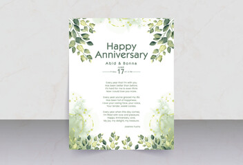 Green leaves with smokey watercolor background anniversary card