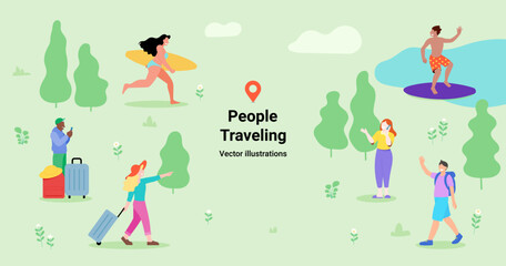 Banner Travel Concept illustrations. Collection set of traveling with young people, men and women in travel business activities. Tourist on trip and booking. Vector flat style illustration