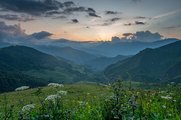 Scenic mountain sunrise landscape in mountains of Caucasus