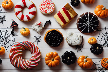 An idea for a beautiful fall setting for a family Halloween dinner. Sweets and pastries on the table. Orange pumpkin as decoration. Cozy autumn home atmosphere.