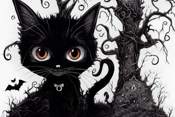 Halloween cute black cat, digital illustration