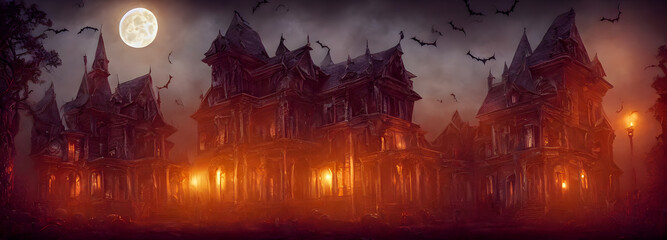 Obraz na płótnie Canvas Haunted House. Creepy Atmosphere for Halloween. Fog, Moon light. Illuminated windows. Banner header size