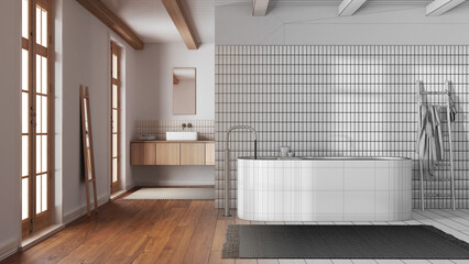 Architect interior designer concept: hand-drawn draft unfinished project that becomes real, japandi minimalist bathroom. Freestanding bathtub and wooden washbasin