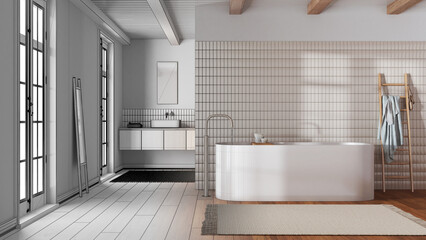 Architect interior designer concept: hand-drawn draft unfinished project that becomes real, japandi minimalist bathroom. Freestanding bathtub and wooden washbasin