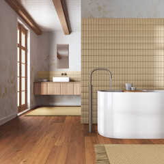 Naklejka na ściany i meble Japandi minimalist bathroom in white and yellow tones. Close up, freestanding bathtub and wooden washbasin. Farmhouse interior design