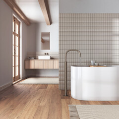 Fototapeta na wymiar Japandi minimalist bathroom in white and bleached tones. Close up, freestanding bathtub and wooden washbasin. Farmhouse interior design