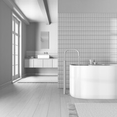 Total white project draft, japandi minimalist bathroom. Close up, freestanding bathtub and wooden washbasin. Farmhouse interior design