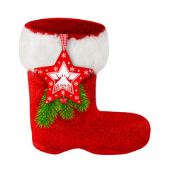 Stiefel mit Dekoration für Weihnachten und Nikolaus auf weissem Hintergrund