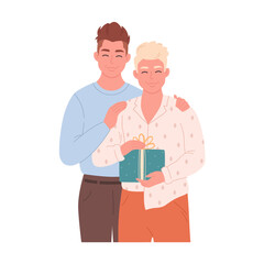 Gay couple hugging and giving gift. Love couple with present. LGBT family. Holiday surprise. Boxing Day. Hand drawn vector illustration