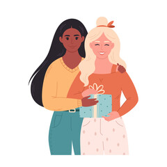 Lesbian couple hugging and giving gift. Love couple with present. LGBT family. Christmas celebration. Hand drawn vector illustration