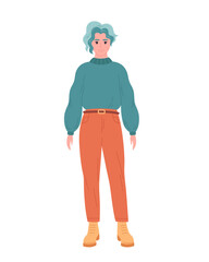 Obraz premium Modern young woman with short hair in casual outfit. Stylish fashionable look. Sweater, jeans, boots, warm clothing. Hand drawn vector illustration