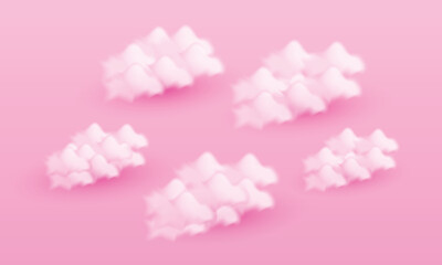 White 3d realistic clouds set isolated gradient background. Render magic sunset clouds icon in the blue sky. 3d geometric shapes vector illustration, Pink 3d clouds set isolated on a pink background.