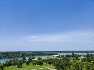View from Kalemegdan Fortress of the confluence of Danube and Sava Rivers, Belgrade, Serbia