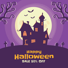 Halloween concept social media post template, sale offer flat vector background with text placeholder