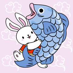 Happy rabbit holding big fish