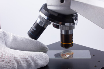 sample on laboratory glass and optical microscope on white background