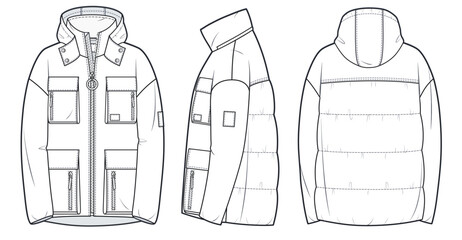 Hooded down Jacket technical fashion Illustration. Unisex puffer down Jacket fashion flat drawing template, zip closure, pockets, hood, front, side and back view, white, women, men, unisex CAD mockup © Liubov Hladka