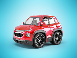 3d illustration of red car front cartoon style on blue background with shadow