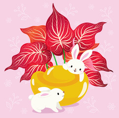 Rabbit gold ingot and foliage plants, festive atmosphere