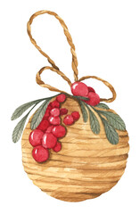 Christmas ball. Watercolor winter holidays. Greeting card, invitation in classic style.