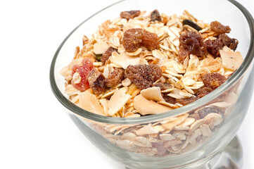 Muesli from oatmeal fruits and nuts, healthy diet food.