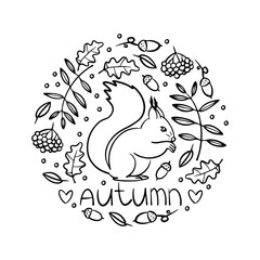 Autumn vector composition with squirrel and leaves.