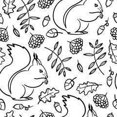Seamless vector pattern. Autumn forest with animals and plants.