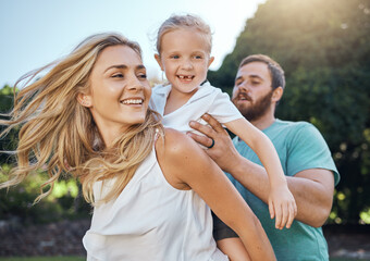 Obraz premium Health, playing and happy family bonding on a walk in nature, laughing and having fun outdoors together. Energy, love and happy kid enjoying freedom with playful, active parents at a park in summer