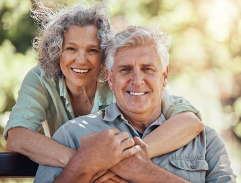 Love, Hug And Senior Couple Bond In House Garden, Nature Park Or Home Backyard In Trust, Security Or Future Support. Happy Smile Portrait, Retirement Elderly Man Or Australian Woman In Life Insurance