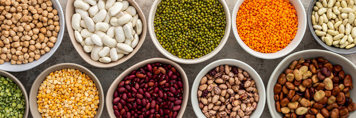 Banner of different types of legumes in bowls, yellow and green peas, mung beans and chickpeas ,...