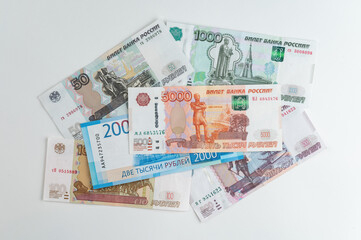 Russian rubles background. Money background and texture. Banknotes of different denominations