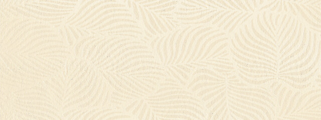 Panoramic background in ecru tones with subtle leaves pattern. Recycled paper texture.  