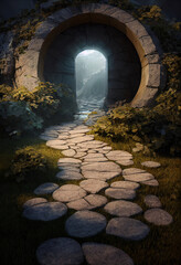 Magical dungeon with stone way 3d illustrated 
