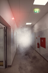 smoky corridor during a fire in an office building