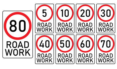 Set of generic speed limit signs due to road work